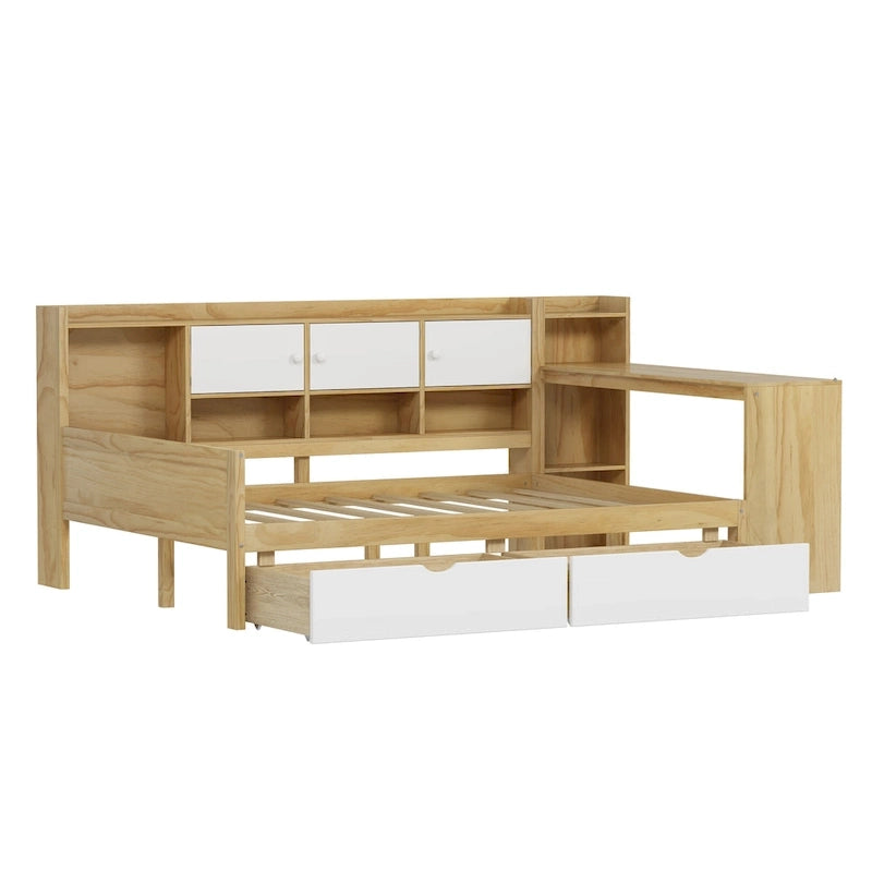Natural/White & White L-Shaped Daybed with Desk & Storage – Full, Single