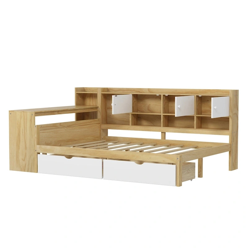 Natural/White & White L-Shaped Daybed with Desk & Storage – Full, Single