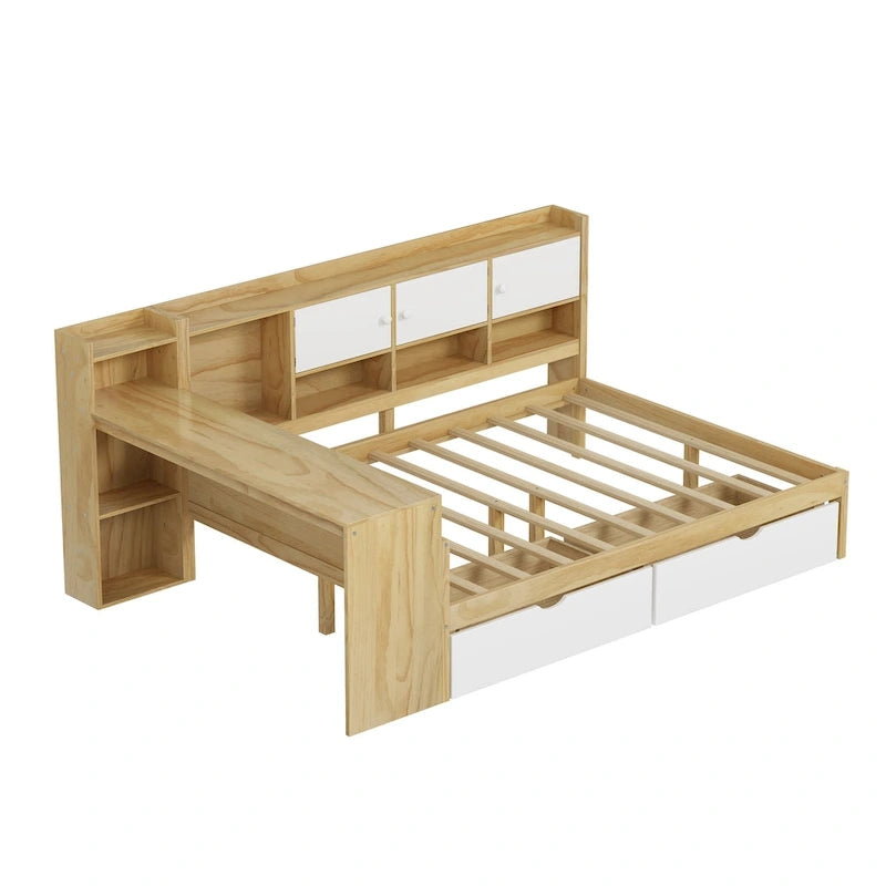Natural/White & White L-Shaped Daybed with Desk & Storage – Full, Single