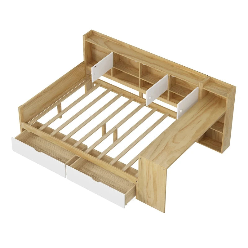 Natural/White & White L-Shaped Daybed with Desk & Storage – Full, Single