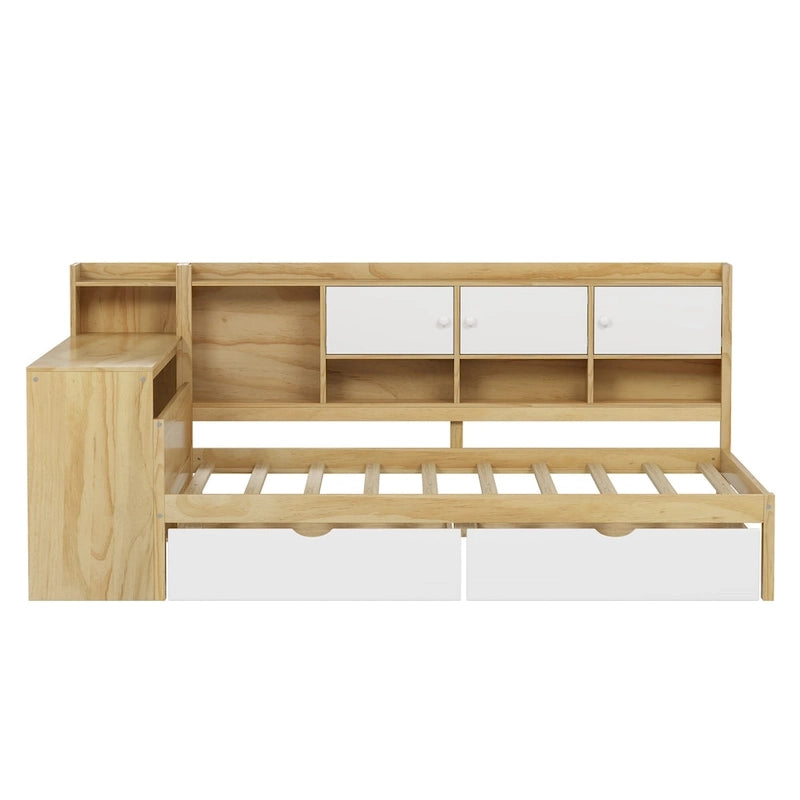 Natural/White & White L-Shaped Daybed with Desk & Storage – Full, Single