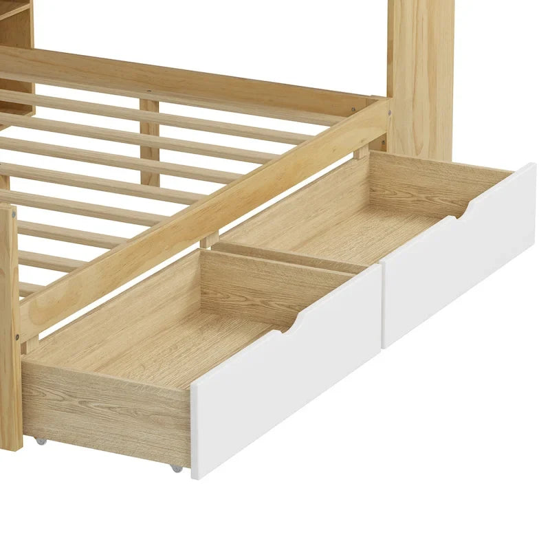 Natural/White & White L-Shaped Daybed with Desk & Storage – Full, Single