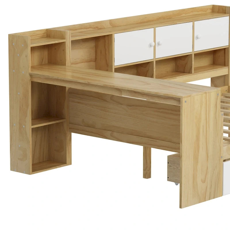 Natural/White & White L-Shaped Daybed with Desk & Storage – Full, Single