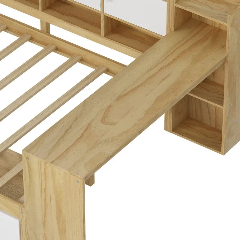 Natural/White & White L-Shaped Daybed with Desk & Storage – Full, Single