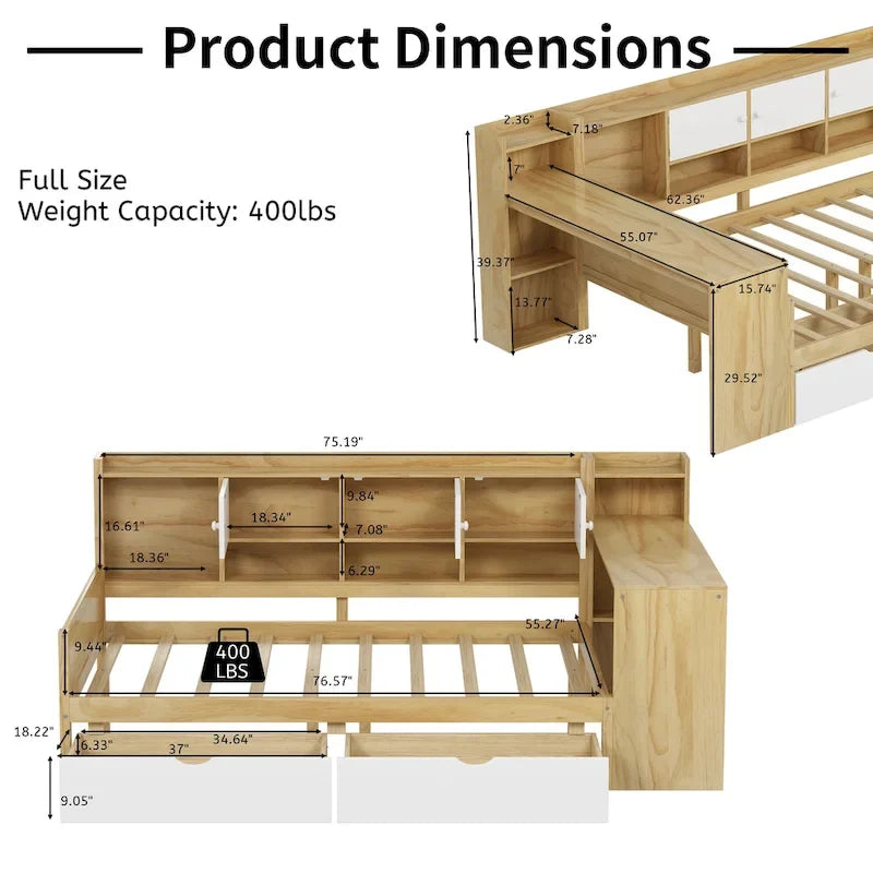 Natural/White & White L-Shaped Daybed with Desk & Storage – Full, Single