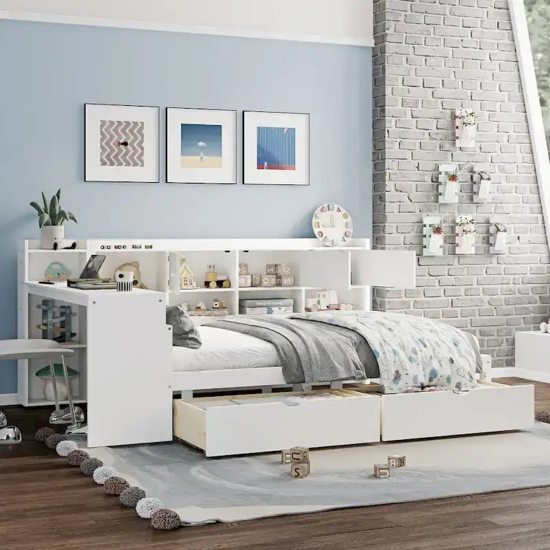 Natural/White & White L-Shaped Daybed with Desk & Storage – Full, Single