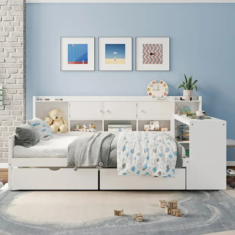 Natural/White & White L-Shaped Daybed with Desk & Storage – Full, Single