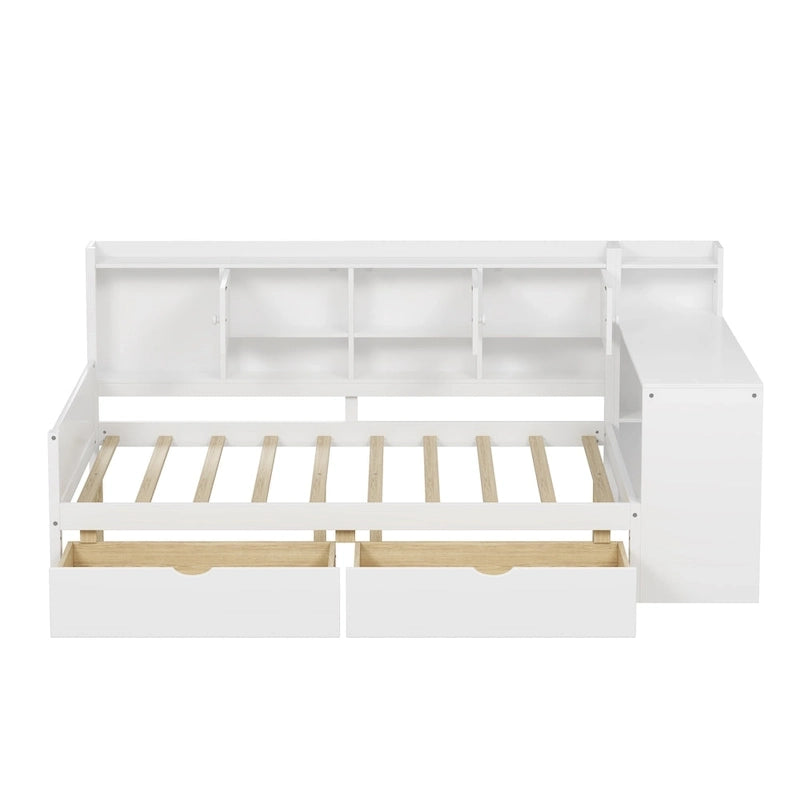 Natural/White & White L-Shaped Daybed with Desk & Storage – Full, Single