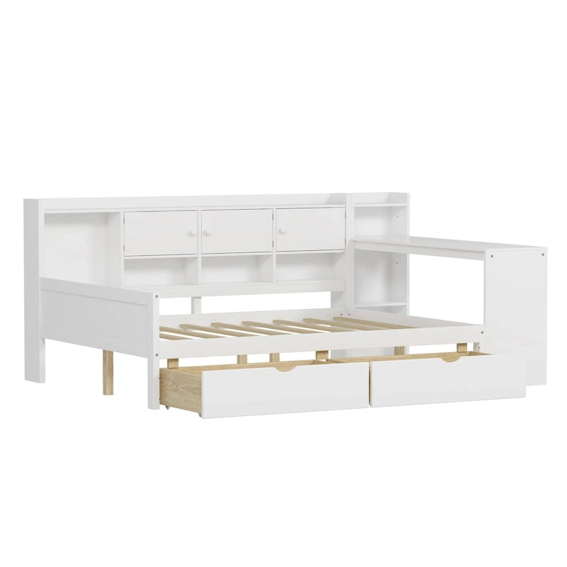 Natural/White & White L-Shaped Daybed with Desk & Storage – Full, Single