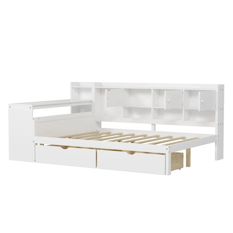 Natural/White & White L-Shaped Daybed with Desk & Storage – Full, Single