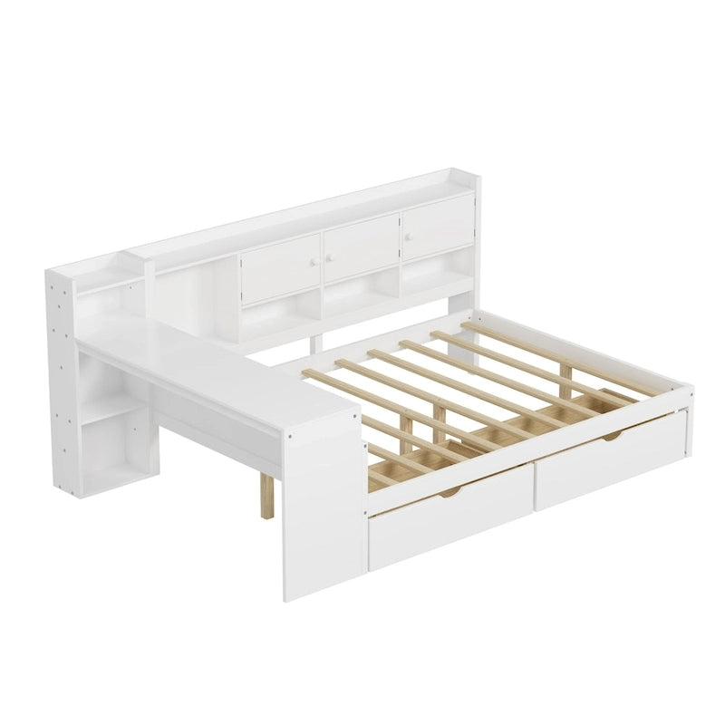 Natural/White & White L-Shaped Daybed with Desk & Storage – Full, Single