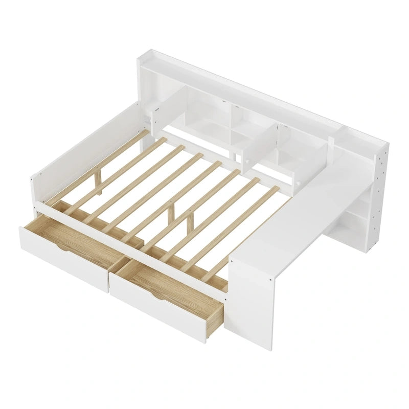 Natural/White & White L-Shaped Daybed with Desk & Storage – Full, Single