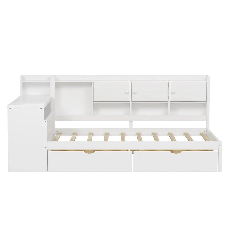 Natural/White & White L-Shaped Daybed with Desk & Storage – Full, Single