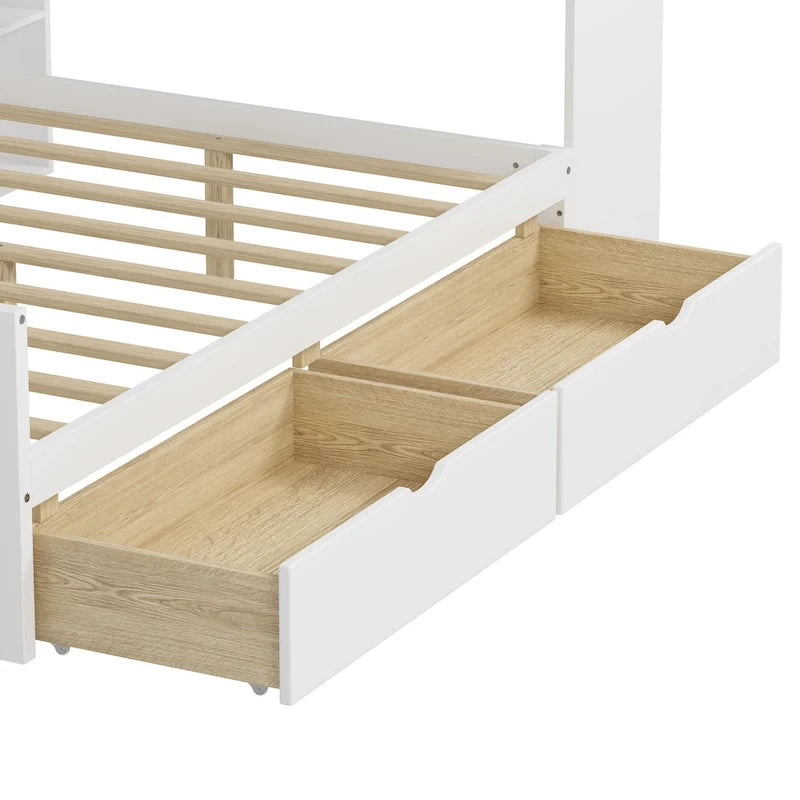 Natural/White & White L-Shaped Daybed with Desk & Storage – Full, Single