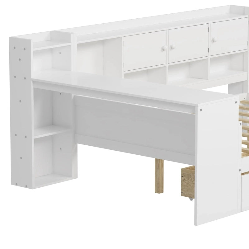 Natural/White & White L-Shaped Daybed with Desk & Storage – Full, Single