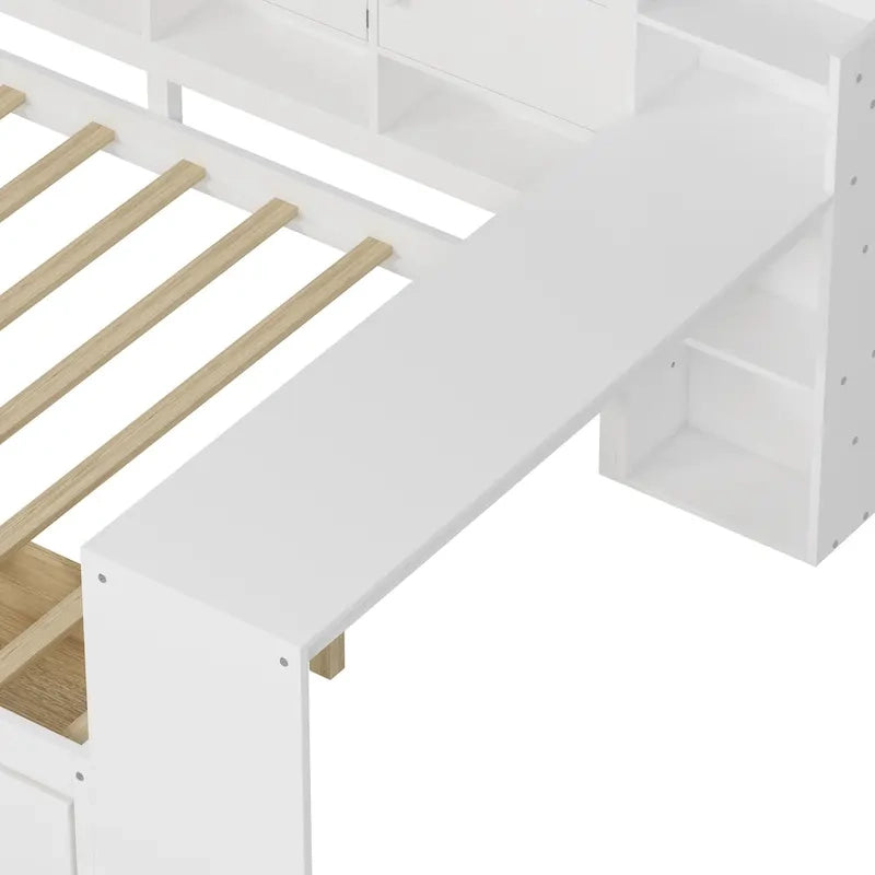 Natural/White & White L-Shaped Daybed with Desk & Storage – Full, Single