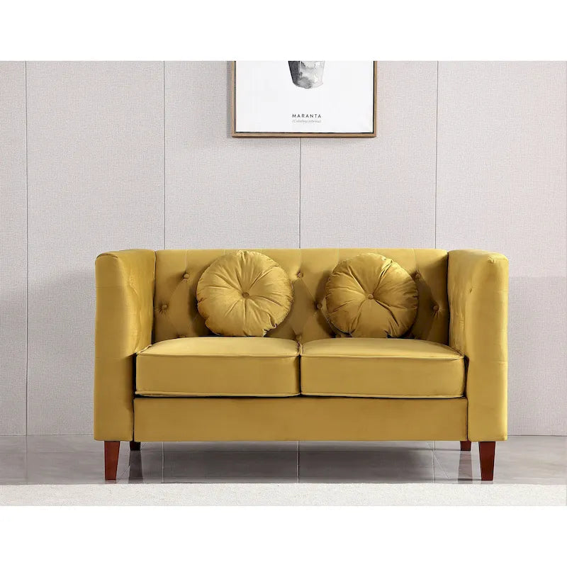 Velvet Chesterfield Loveseat with Wood Legs – 2-Seater