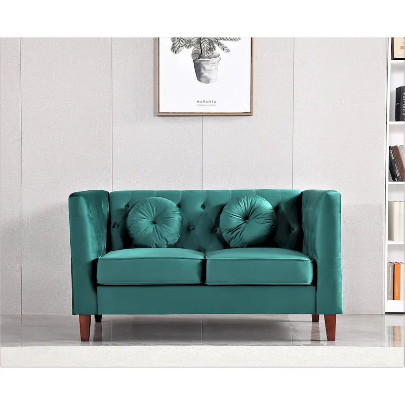 Velvet Chesterfield Loveseat with Wood Legs – 2-Seater