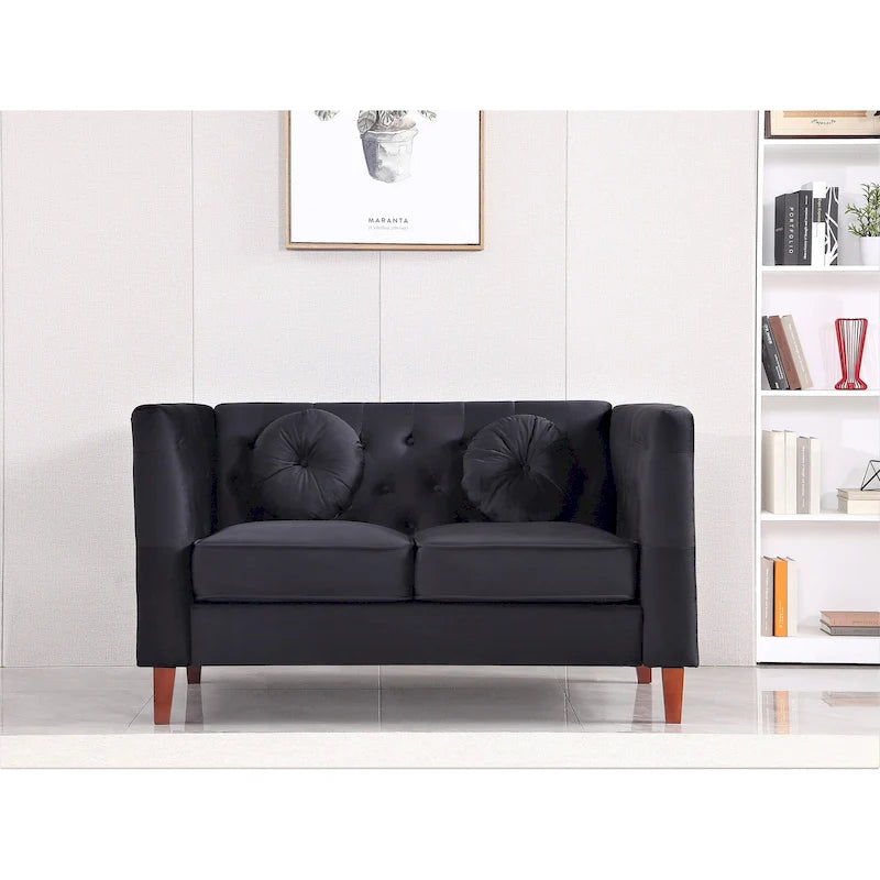 Velvet Chesterfield Loveseat with Wood Legs – 2-Seater