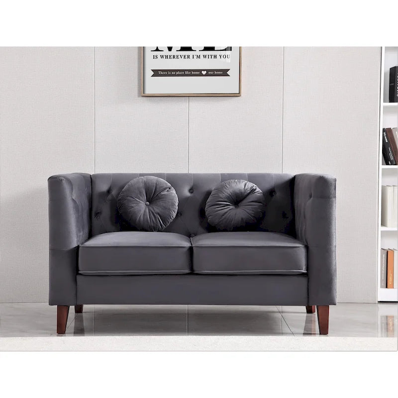 Velvet Chesterfield Loveseat with Wood Legs – 2-Seater