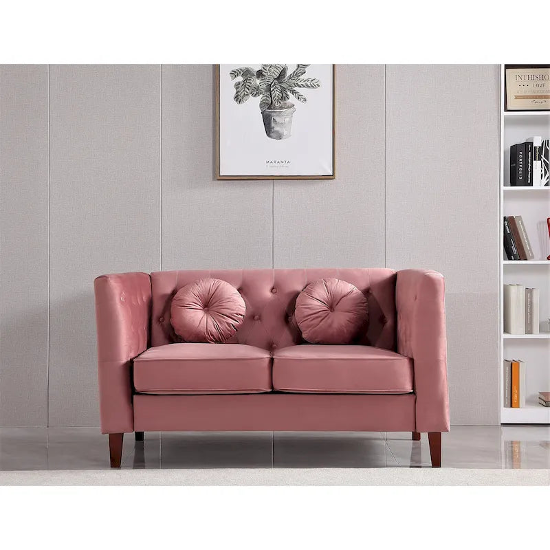 Velvet Chesterfield Loveseat with Wood Legs – 2-Seater