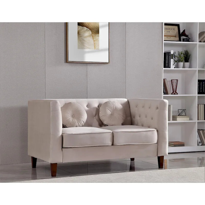 Velvet Chesterfield Loveseat with Wood Legs – 2-Seater