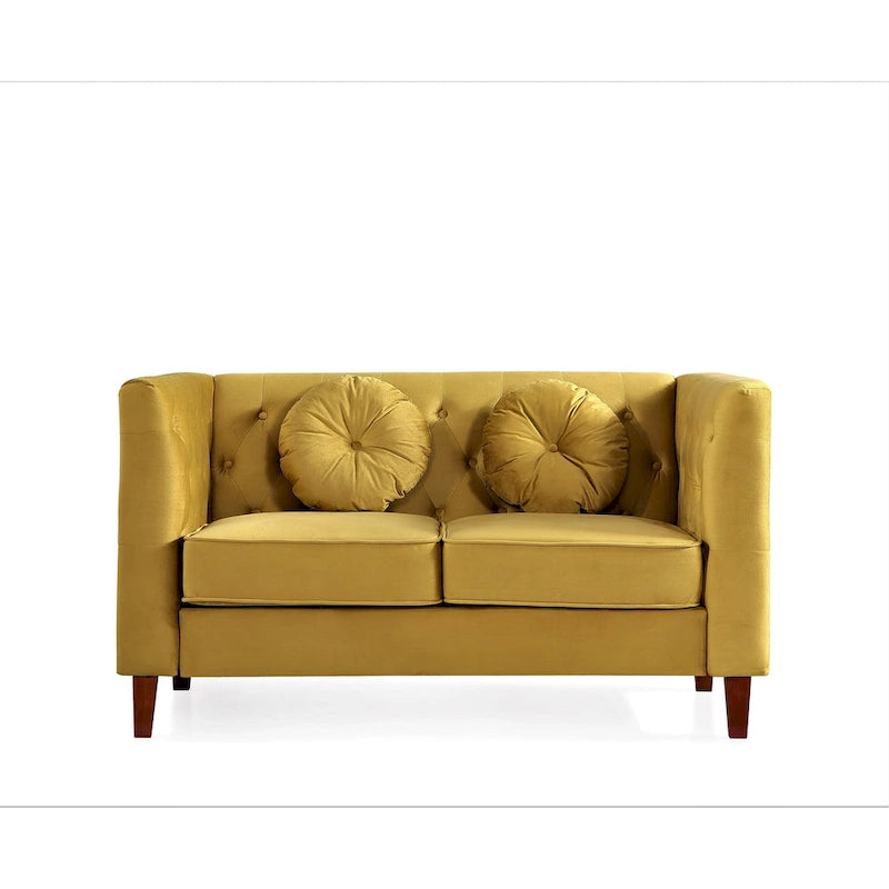 Velvet Chesterfield Loveseat with Wood Legs – 2-Seater