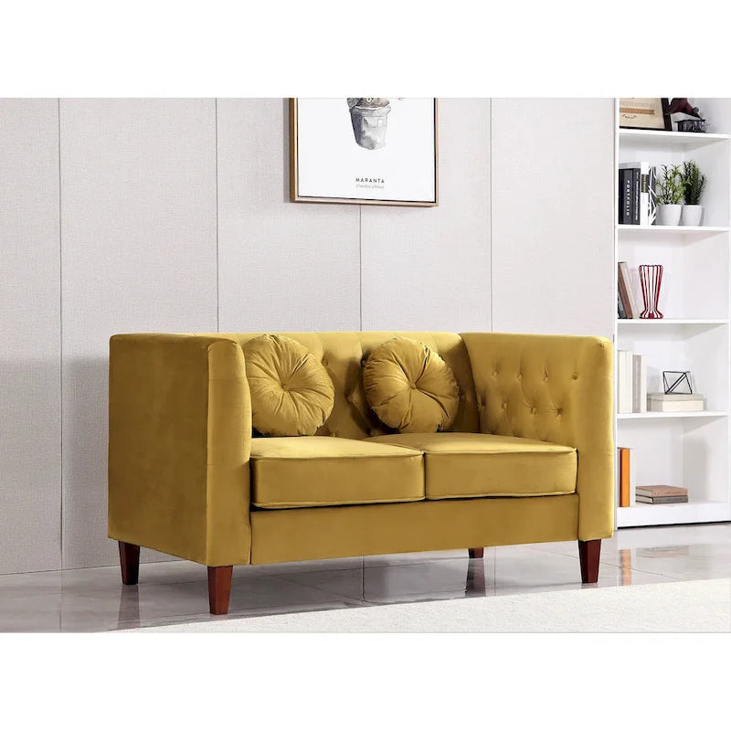 Velvet Chesterfield Loveseat with Wood Legs – 2-Seater