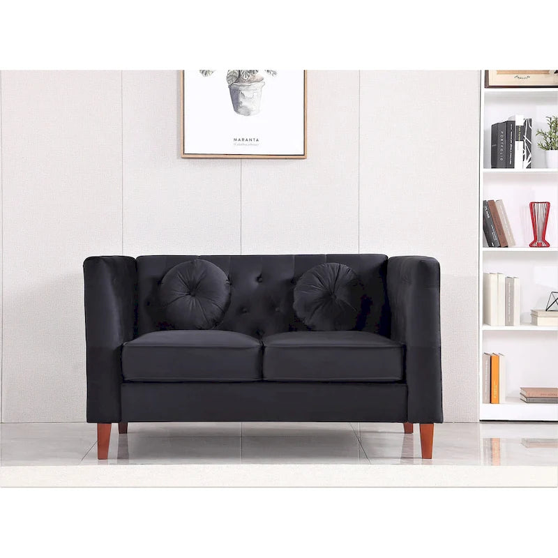 Velvet Chesterfield Loveseat with Wood Legs – 2-Seater
