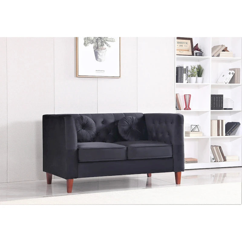 Velvet Chesterfield Loveseat with Wood Legs – 2-Seater