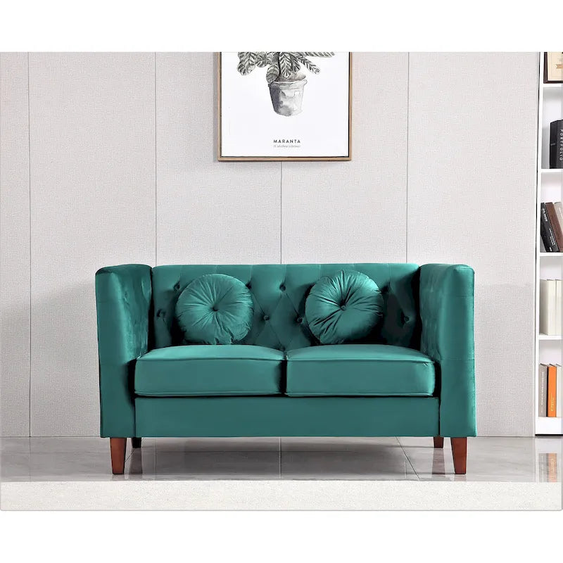 Velvet Chesterfield Loveseat with Wood Legs – 2-Seater