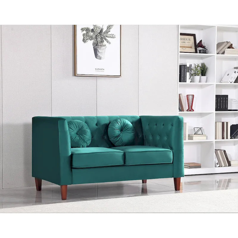 Velvet Chesterfield Loveseat with Wood Legs – 2-Seater