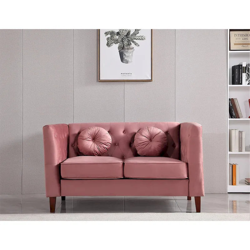 Velvet Chesterfield Loveseat with Wood Legs – 2-Seater