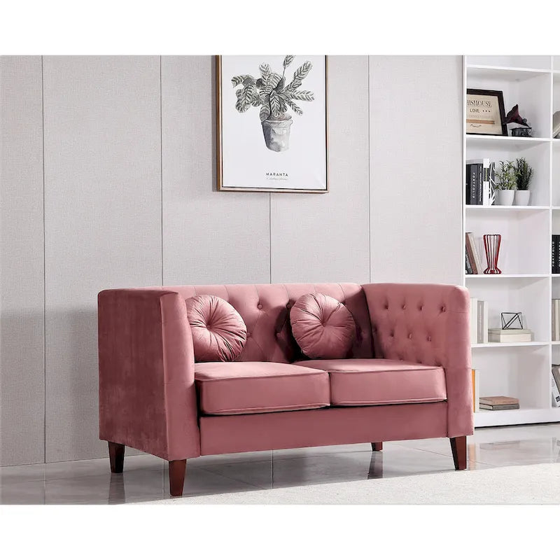 Velvet Chesterfield Loveseat with Wood Legs – 2-Seater