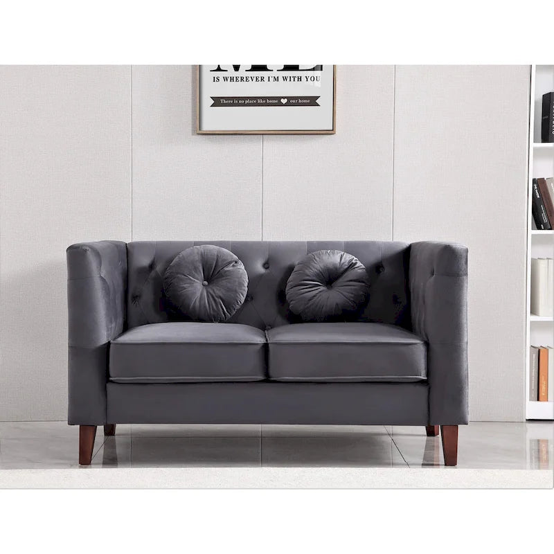 Velvet Chesterfield Loveseat with Wood Legs – 2-Seater