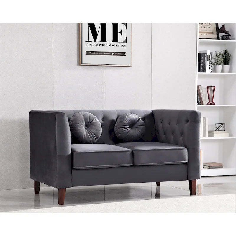 Velvet Chesterfield Loveseat with Wood Legs – 2-Seater