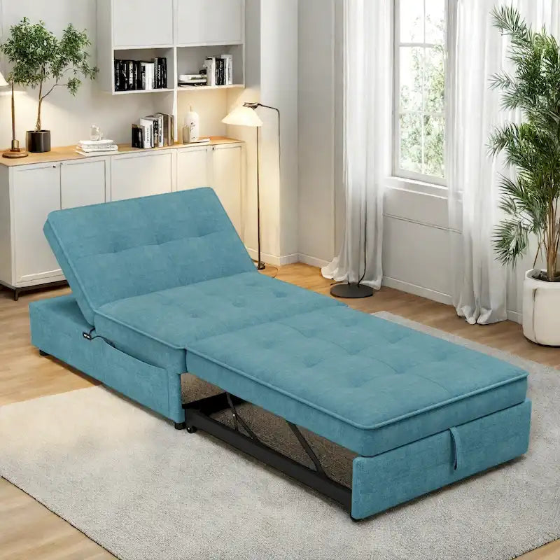 Dark Blue / White / Teal Linen 4-in-1 Convertible Sofa Bed – 3-Seater