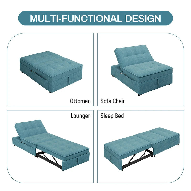 Dark Blue / White / Teal Linen 4-in-1 Convertible Sofa Bed – 3-Seater