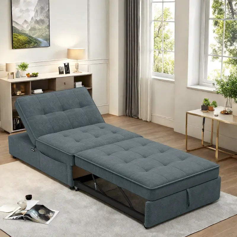Dark Blue / White / Teal Linen 4-in-1 Convertible Sofa Bed – 3-Seater