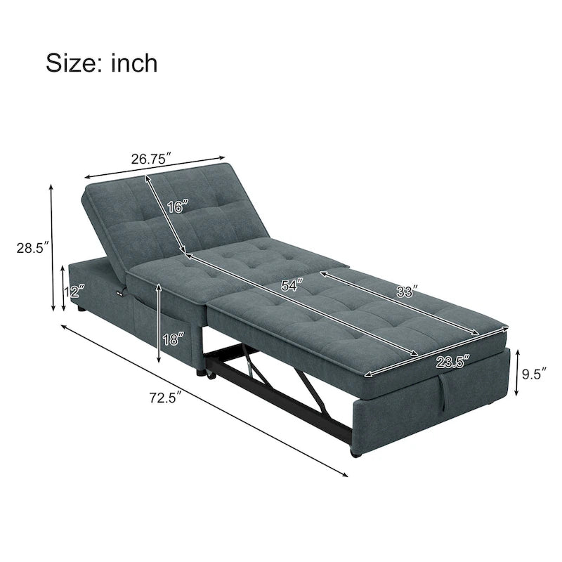 Dark Blue / White / Teal Linen 4-in-1 Convertible Sofa Bed – 3-Seater