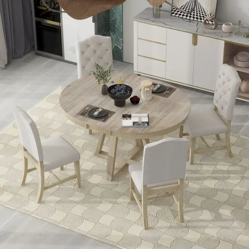 Natural / Walnut Round Extendable Dining Table Set, 5-Piece for 4