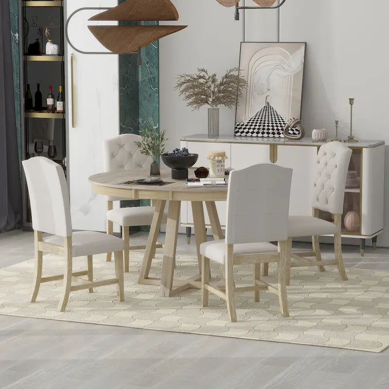Natural / Walnut Round Extendable Dining Table Set, 5-Piece for 4