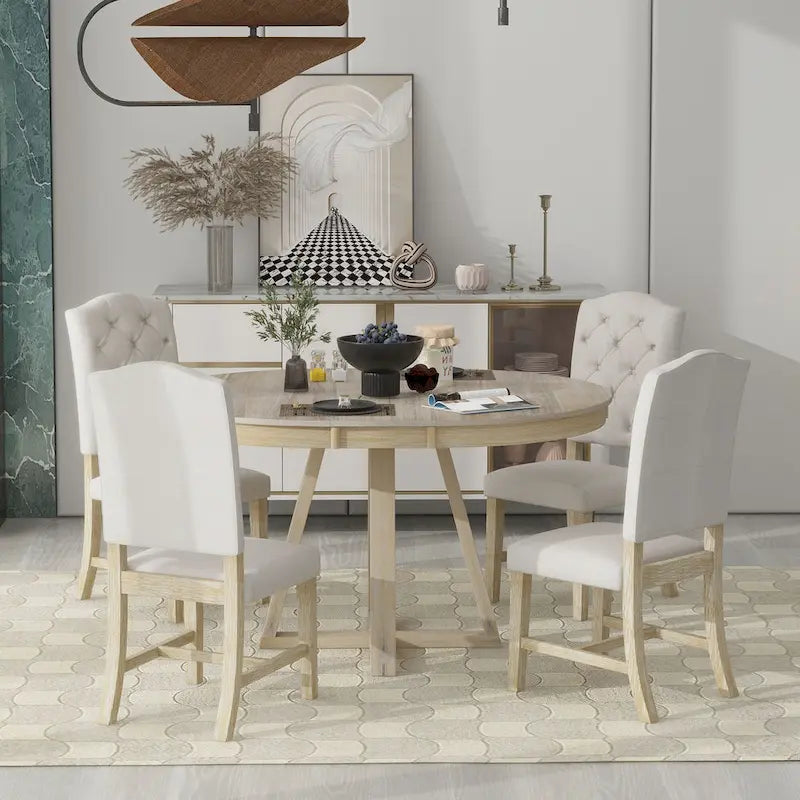 Natural / Walnut Round Extendable Dining Table Set, 5-Piece for 4