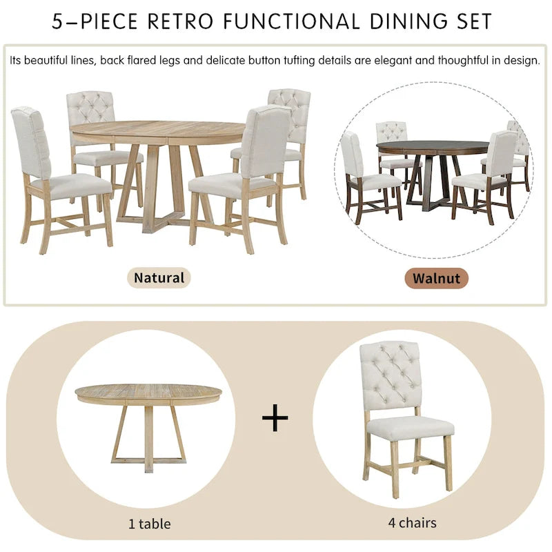 Natural / Walnut Round Extendable Dining Table Set, 5-Piece for 4