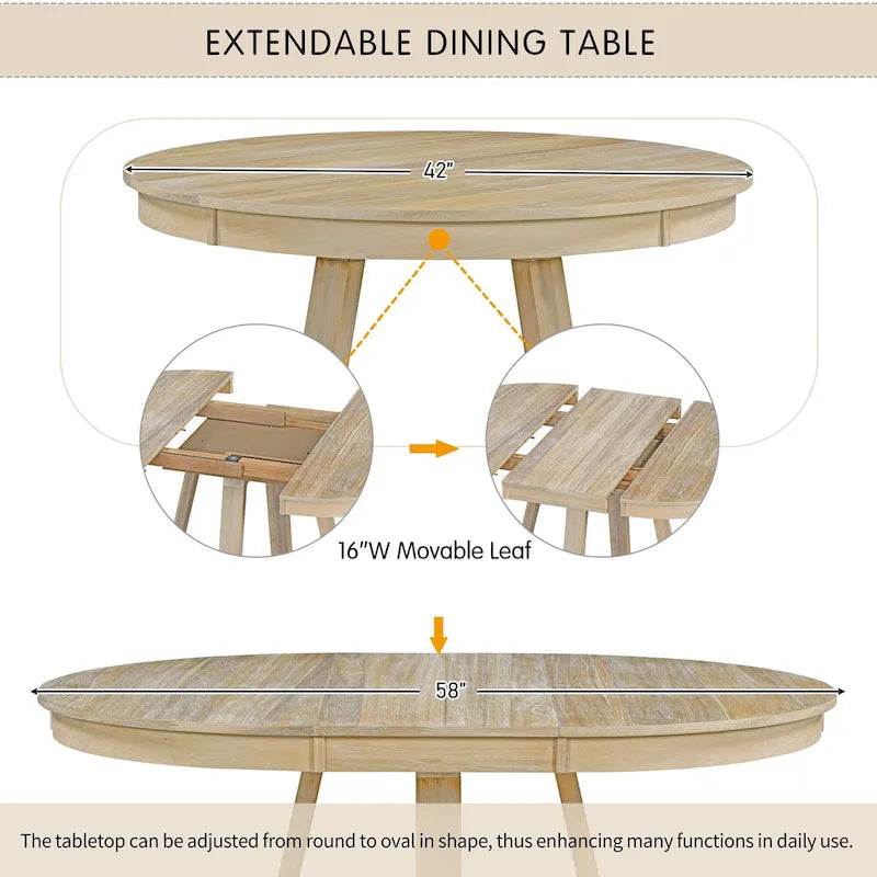 Natural / Walnut Round Extendable Dining Table Set, 5-Piece for 4