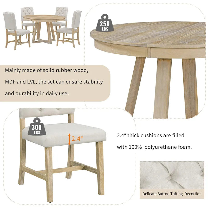 Natural / Walnut Round Extendable Dining Table Set, 5-Piece for 4