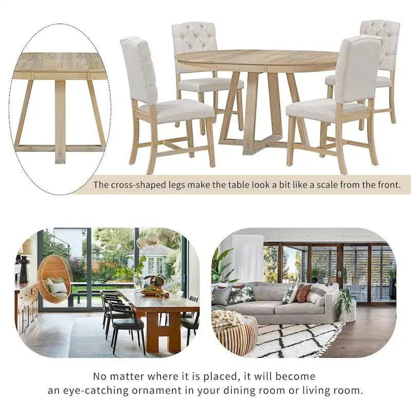 Natural / Walnut Round Extendable Dining Table Set, 5-Piece for 4