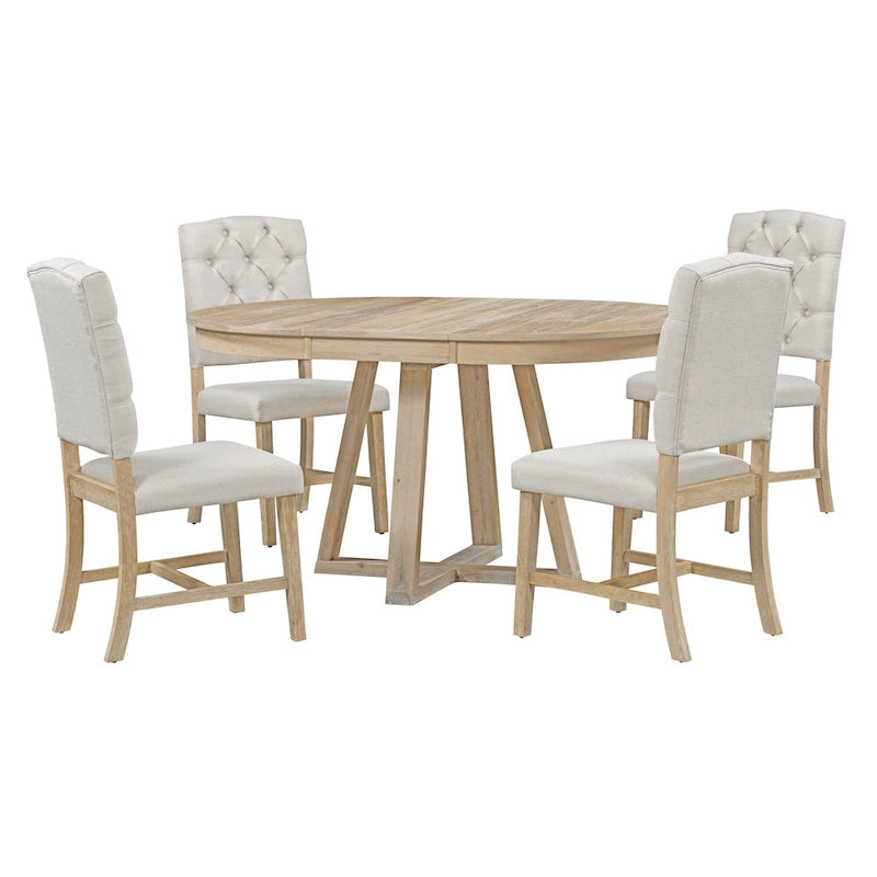 Natural / Walnut Round Extendable Dining Table Set, 5-Piece for 4