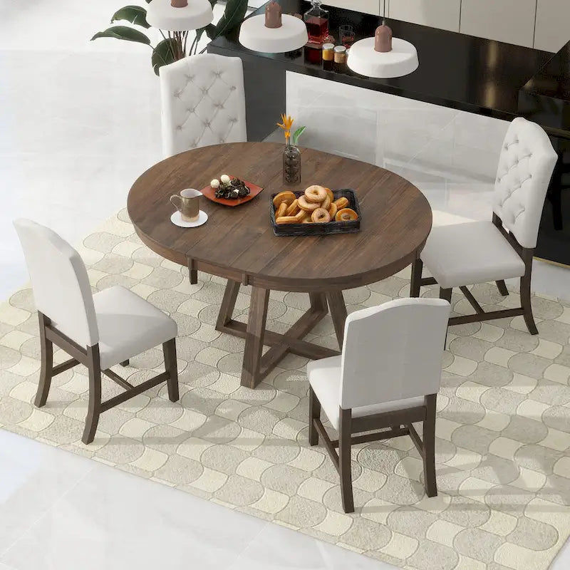 Natural / Walnut Round Extendable Dining Table Set, 5-Piece for 4