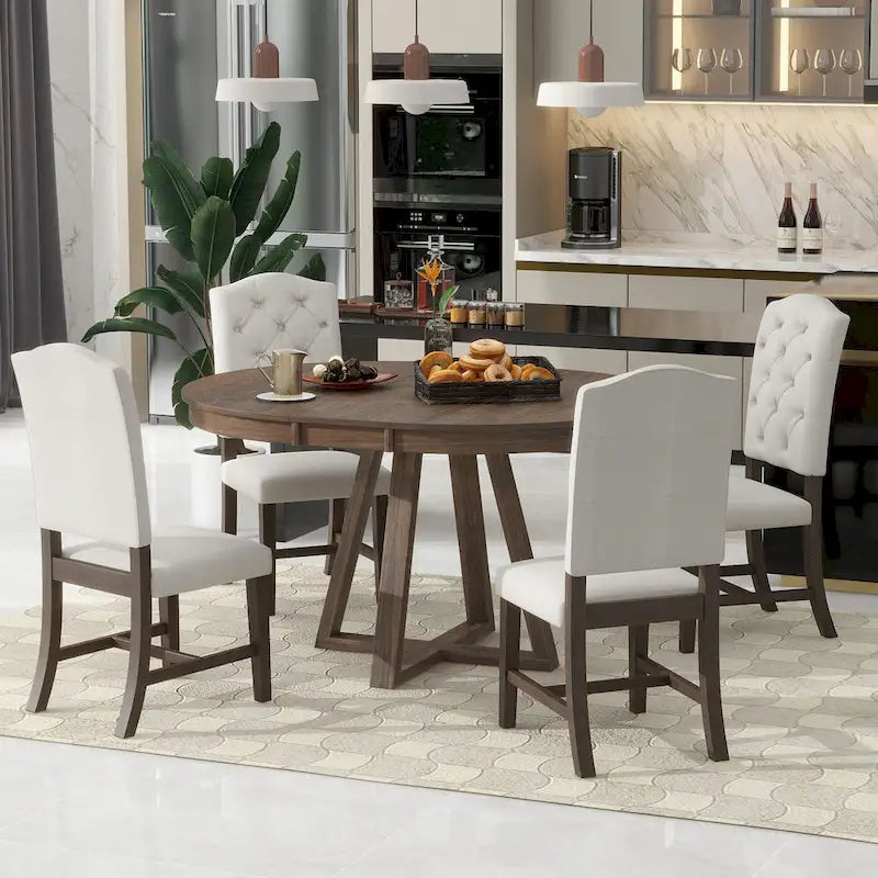 Natural / Walnut Round Extendable Dining Table Set, 5-Piece for 4